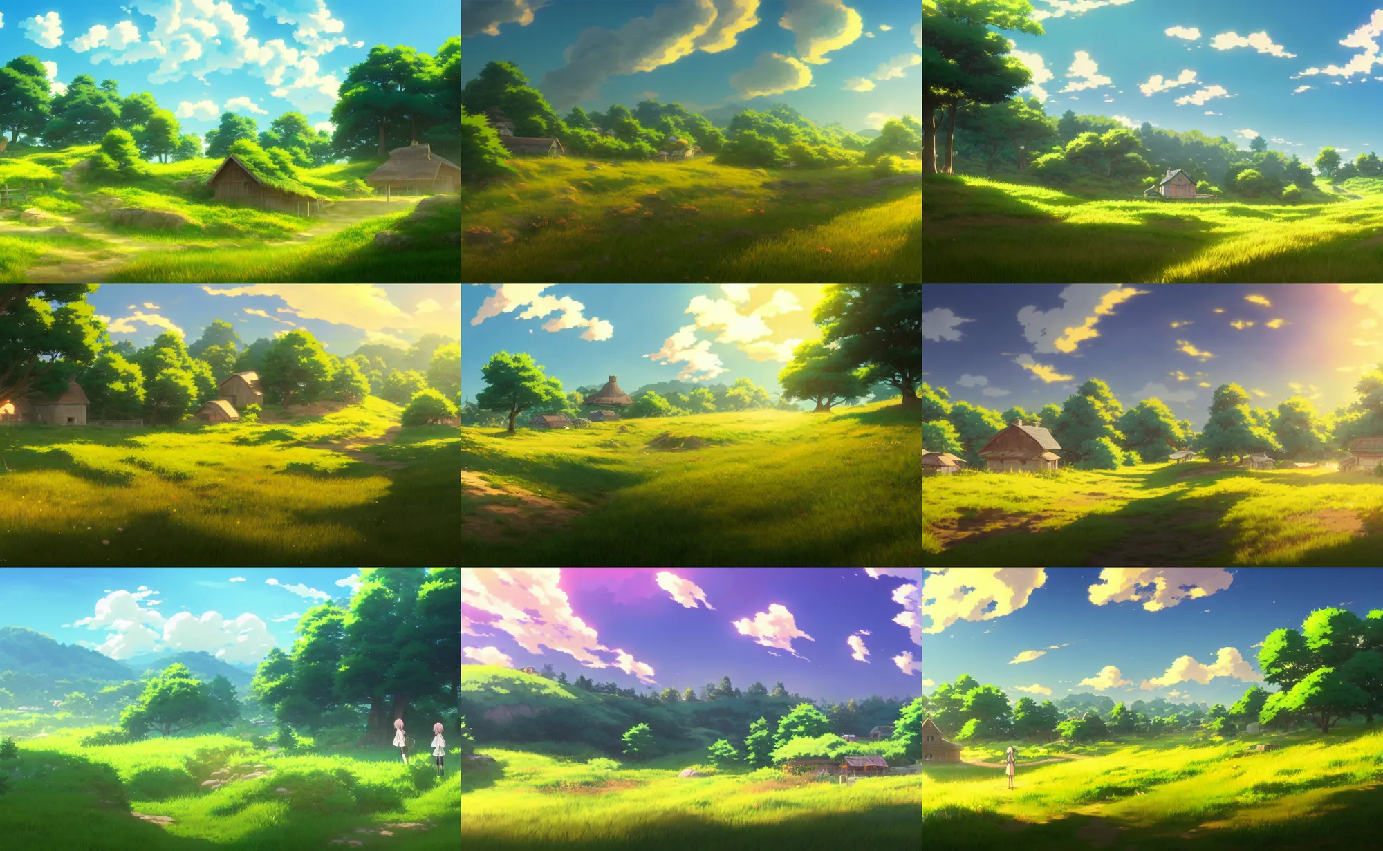 Prompt: an anime movie background matte painting of a meadow in the countryside, rolling hills, cottages, by Makoto Shinkai, trending on Artstation, highly detailed
