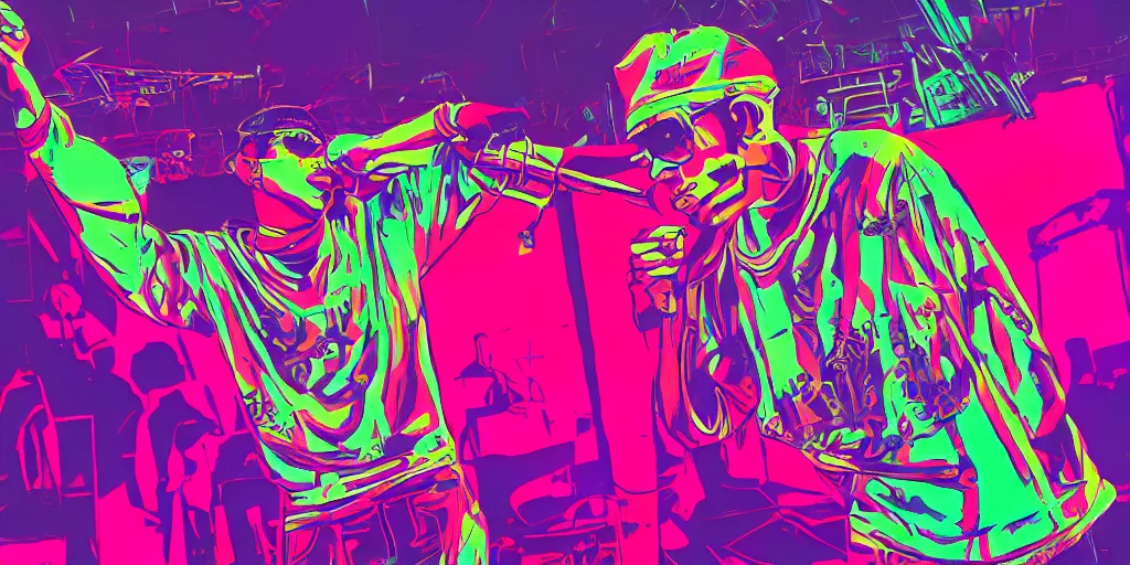 Image similar to rapper performing on stage, seen from waist up, to the side, digital art, vapor wave, hip hop, psychedelic, trending on Artstation, professional artist, detailed, 4k