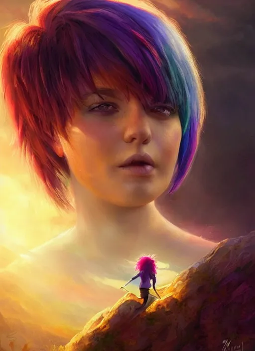 Image similar to girl with rainbow hair, pixie haircut, beautiful highly detailed face, complementary lighting, backlit, black eyeshadow, grinning, adventure, dramatic lighting, landscape background, beautiful painting by artgerm and greg rutkowski and raymond swanland
