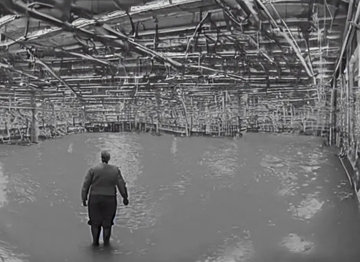 Prompt: grainy security cam footage still of Augustus Gloop in the factory's indoors chocolate river at Wonka's Chocolate Factory, extreme wide angle, far away