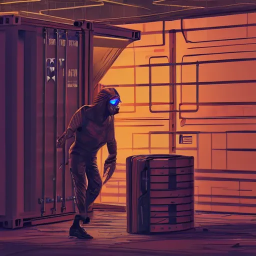 Prompt: cyberpunk man lifing a cargo container, Industrial Scifi, detailed illustration, Chiaroscuro, concept art, by Martin Grip and Moebius