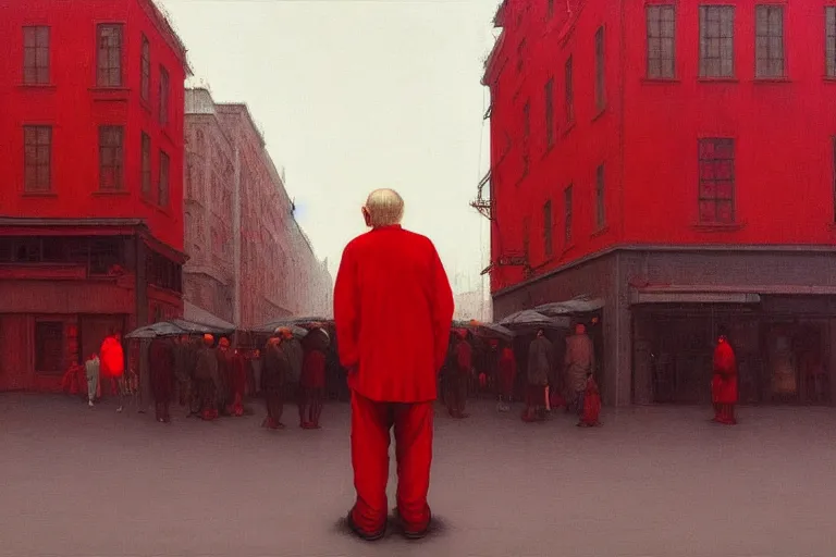 Image similar to only with red, a red old man try to sell a portrait, crowd cheering, in a city square, in the style of beksinski, parts by edward hopper, parts by rodcenko, parts by yue minjun, intricate and epic composition, red by caravaggio, insanely quality, highly detailed, masterpiece, red light, artstation, 4 k