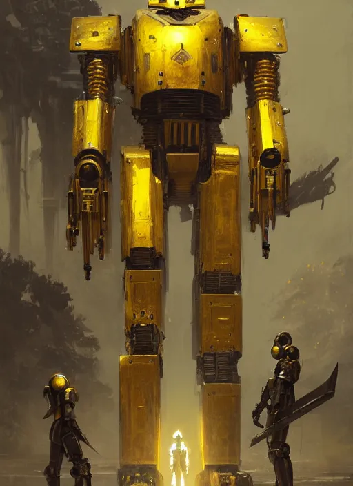 Image similar to human-sized strong intricate yellow pit droid carrying very detailed perfect antique great sword and beautiful large paladin shield, pancake short large head, exposed metal bones, painterly humanoid mecha, slightly far away, by Greg Rutkowski