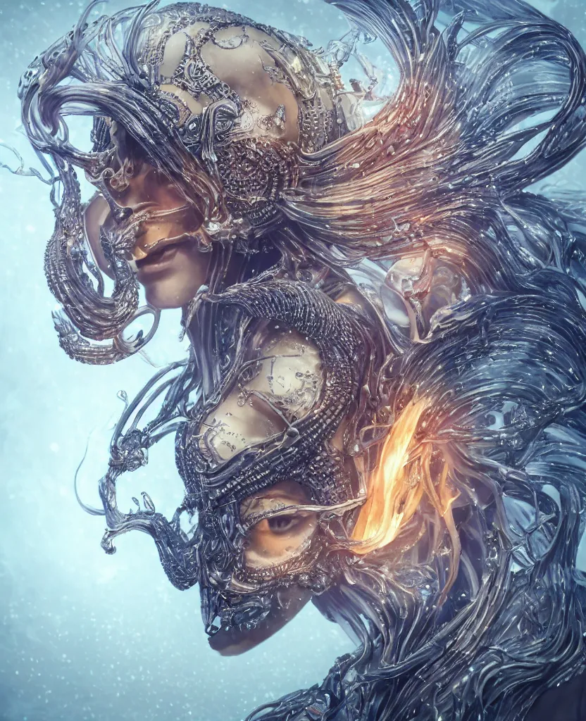 Image similar to close-up macro portrait of the face of a beautiful princess with animal skull mask, epic angle and pose, symmetrical artwork, 3d with depth of field, blurred background, cybernetic jellyfish female face skull phoenix bird, translucent, nautilus, energy flows of water and fire. a highly detailed epic cinematic concept art CG render. made in Maya, Blender and Photoshop, octane render, excellent composition, cinematic dystopian brutalist atmosphere, dynamic dramatic cinematic lighting, aesthetic, very inspirational, arthouse. y Greg Rutkowski, Ilya Kuvshinov, WLOP, Stanley Artgerm Lau, Ruan Jia and Fenghua Zhong