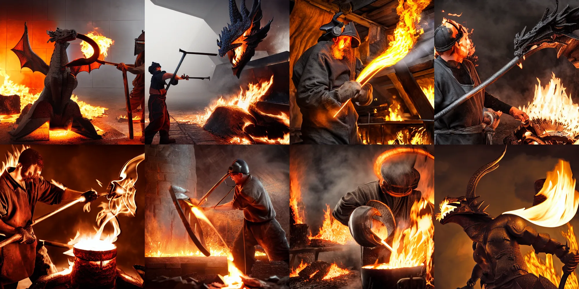 Prompt: a blacksmith fighting his forge the forge flames are shaped like a dragon, high particle count, highly reflective, fire, smoke, misty, high quality render