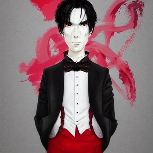 Image similar to full face shot of a handsome butler with straight black hair, a red highlight, long bangs, with alligator eyes, creepy smile, fancy, ultra detailed, brush strokes, digital painting, cinematic, wlop artstation, pixiv, intimidating glare, yoshitaka amano, andy warhol, ultra realistic,