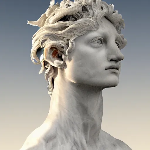 Image similar to realistic digital painting of a stunning intricate cracked white marble falling angel with face of piero angela bernini sculpture, trailing white vapor, mycelium stands and misty xparticles neutral tone background, trending on artstation, hyperrealism, matte painting, subsurface scattering
