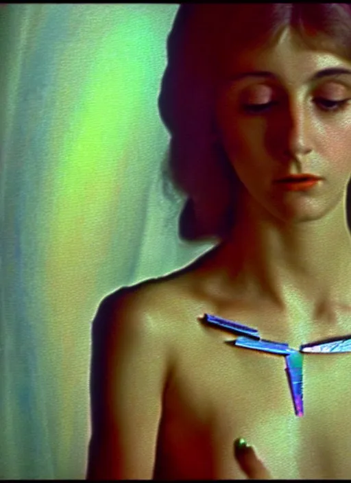 Image similar to 1971 film still from an Italian drama film of a young French actress as the goddess of razor blades. ultra detailed painting at 16K resolution and amazingly epic visuals. epically beautiful image. amazing effect, image looks gorgeously crisp as far as it's visual fidelity goes, absolutely outstanding. vivid clarity. ultra. iridescent. mind-breaking. mega-beautiful pencil shadowing. beautiful face. Ultra High Definition. godly shading. amazingly crisp sharpness. photorealistic film cel processed twice..