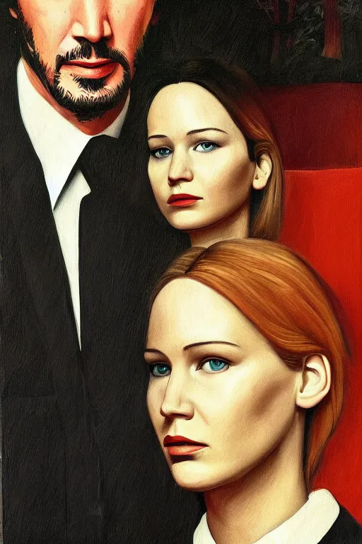 Image similar to painting of Keanu Reeves and Jennifer Lawrence as the couple in American Gothic in the style of Grant Wood