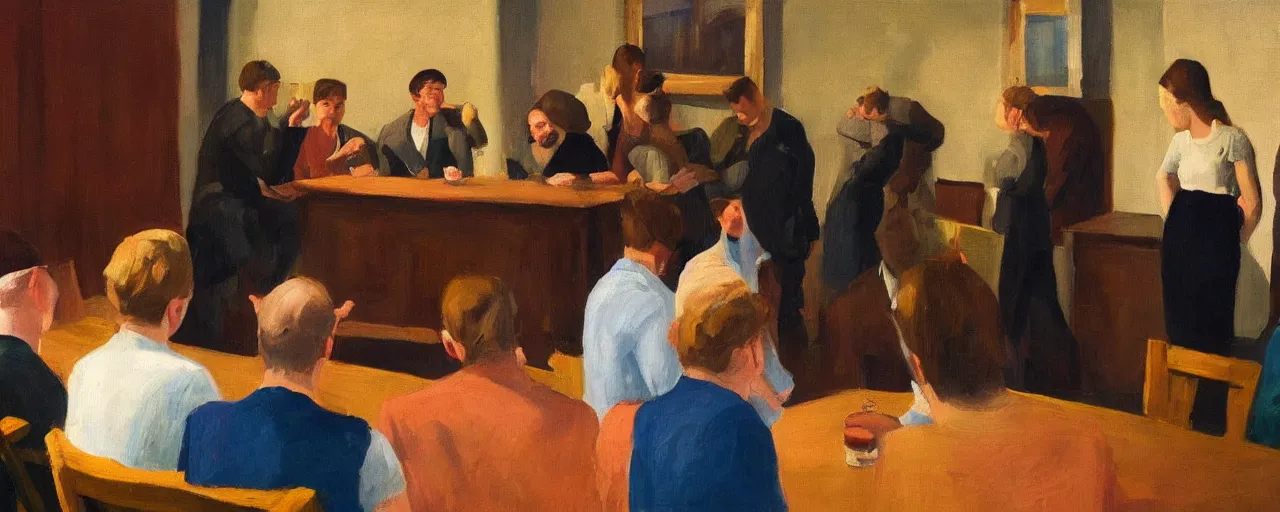 Prompt: a group of gen z friends sitting around talking about climate change while drinking old fashions, one of the friends is standing in preaching, in the style of an edward hopper painting
