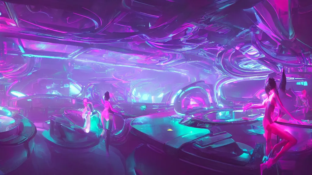 Image similar to sci-fi night club, with exotic female alien gogo dancers standing on platforms, neon lights, fog, smoke and atmosphere, bloom, platforms, faceted shapes, contemporary aesthetic, like concept art on artstation, like zaha hadid