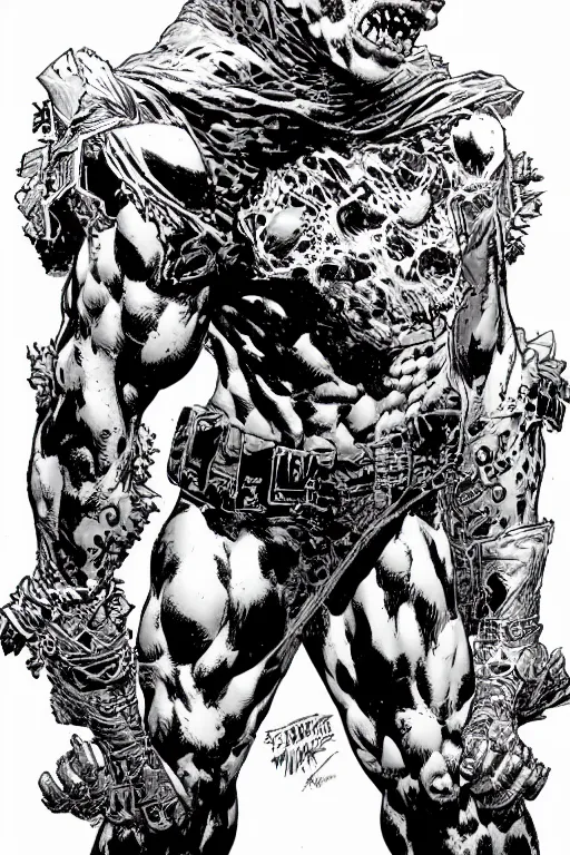 Prompt: A full body portrait of a new antihero character standing on skulls art by Marc Silvestri and Jim Lee, trending on artstation, ominous, mysterious