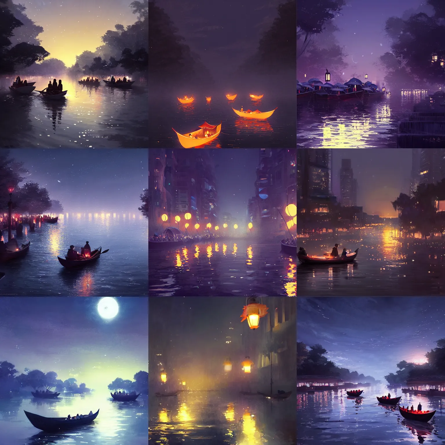 Prompt: lantern boats floating in a river, evocative, dark night, detailed, award - winning, trending on artstation artwork by makoto shinkai and james gurney,