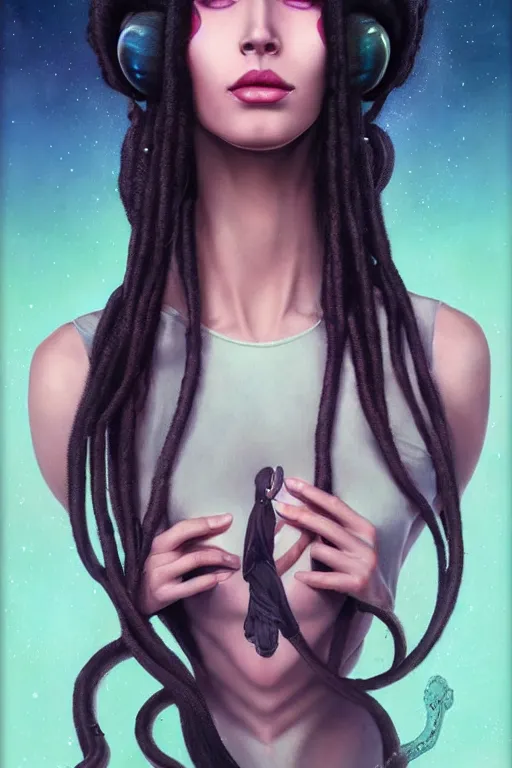 Image similar to portrait of an elegant alien woman queen with long floating snake dreads, straight on portrait, by artgerm, tom bagshaw, gerald brom, vaporwave colors, lo - fi colors, vaporwave, lo - fi, moody vibe, goth vibe, 4 k, hd,