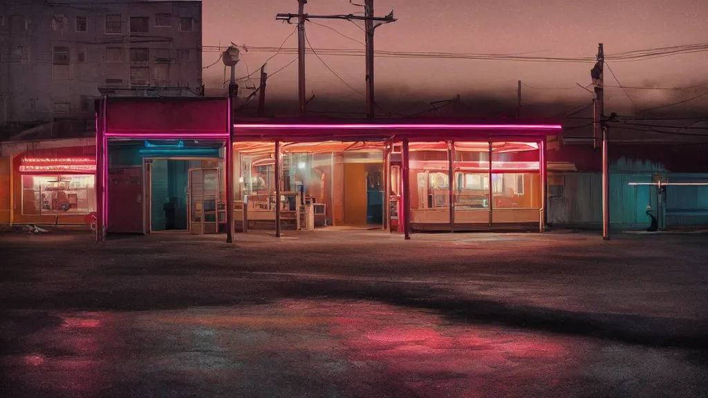 Prompt: an empty parking lout outside an abandoned retro diner at night, by lee madgwick, pink and orange neon lights, highly detailed, photorealistic, artstation trending, cryengine 8 k uhd