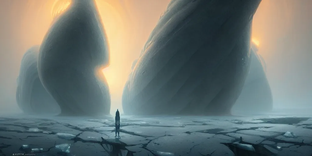 Image similar to strange surface of icy alien planet at sunset, misty, ultra high definition, ultra detailed, symmetry, sci - fi, dark fantasy, by greg rutkowski and ross tran