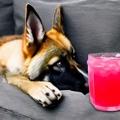 Prompt: german shepard husky mix drinking a bowl of red koolaid