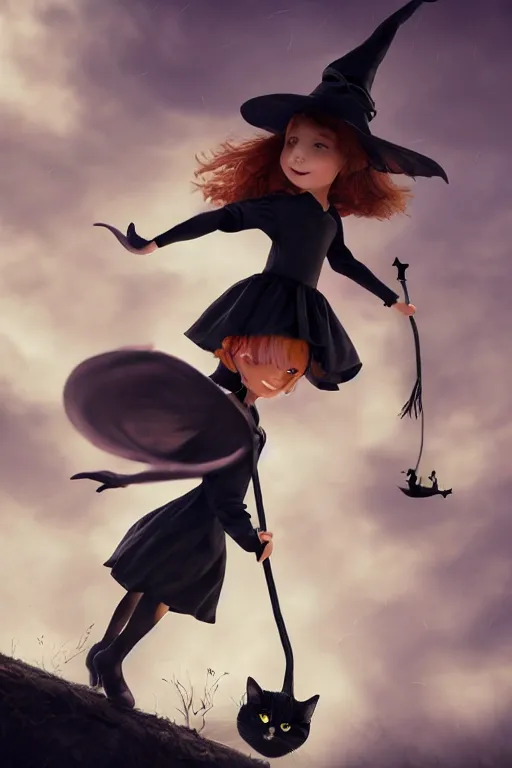 Image similar to a tiny witch, flying on her tiny broom, magical dust, black cat, dramatic lighting, cinematic, establishing shot, extremely high detail, foto realistic, cinematic lighting, post processed, concept art, high details, cinematic, 8k resolution, beautiful detailed, photorealistic, digital painting, artstation, concept art, smooth, sharp focus, artstation trending, octane render, unreal engine