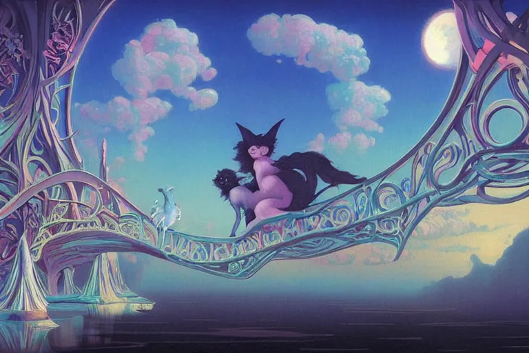 Image similar to Surreal, bridge between the worlds, fairy magnificent, elegant, art nouveau, white sweeping arches, surreal hybrid animals of neon colors in the sky, dramatic lighting, by Studio Ghibli, Brom,