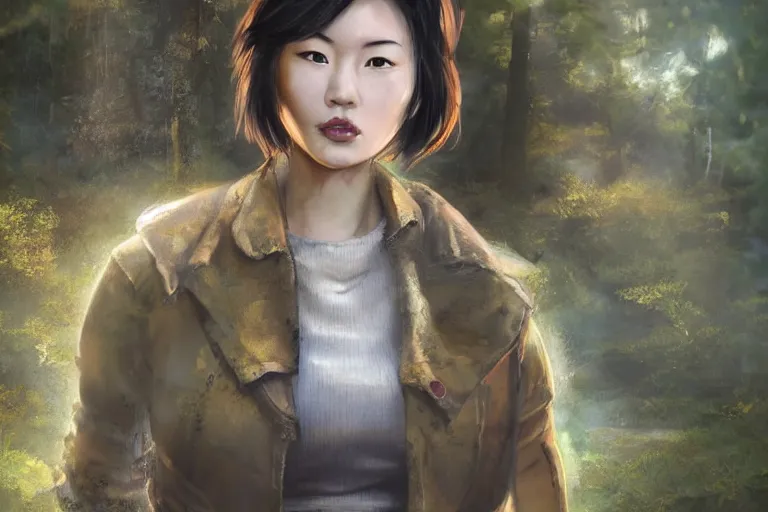 Prompt: fallout 5, charismatic beautiful rugged asian female protagonist, portrait, outdoors in forest area near a tori gate of a nearby shinto shrine, atmospheric lighting, painted, intricate, volumetric lighting, daytime, winter, clear weather, golden hour, sharp focus, ultra detailed, art by william turner