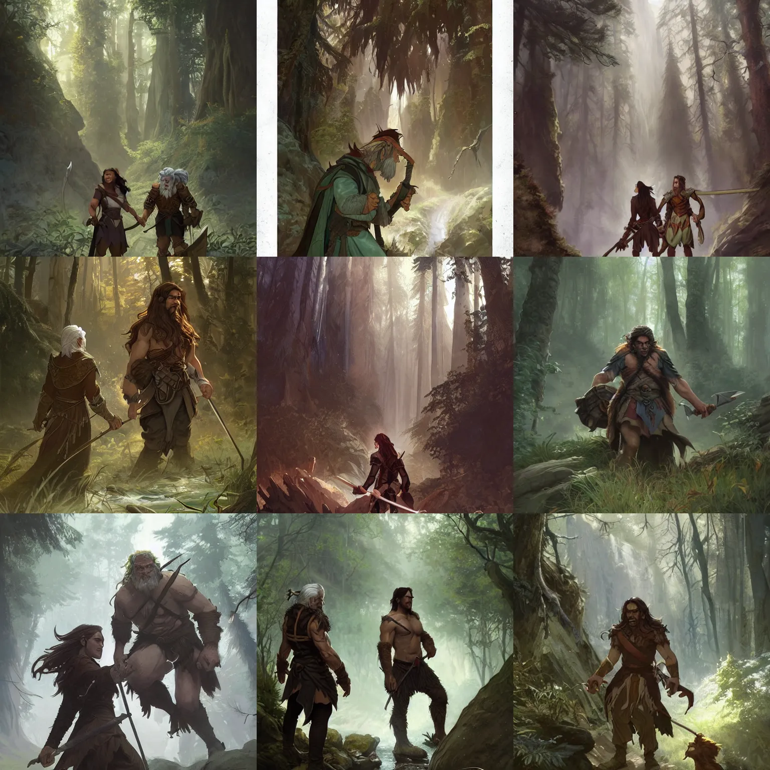 Prompt: two adventurers exploring a forest, a ruggedly handsome half - orc fighter with brown hair, a graceful noble high - elf wizard with white hair, fantasy, highly detailed, digital painting, artstation, concept art, character art, art by greg rutkowski and tyler jacobson and alphonse mucha