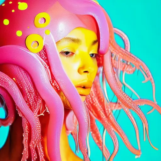 Prompt: flume and former cover art future bass girl un wrapped statue bust curls of hair petite lush side view body photography model full body curly jellyfish lips art contrast vibrant futuristic fabric skin jellyfish material style of Jonathan Zawada, Thisset colours simple background objective