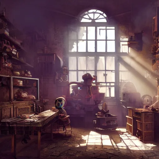 Image similar to A dusty toymaker’s workshop lit by a large glowing window, volumetric atmosphere with dramatic sunlight and shadows, Dean Morrissey and Craig Mullins photo illustration, highly detailed, 8k resolution, hyperrealistic, Maya render.