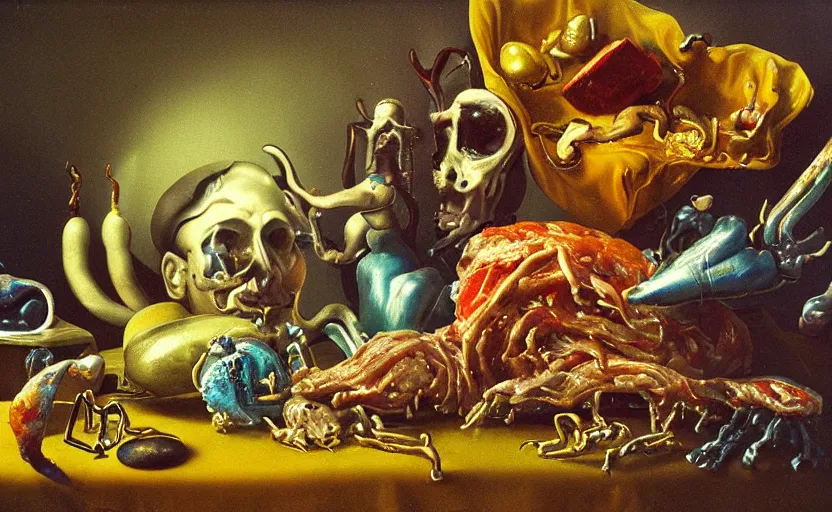 Image similar to disturbing colorful oil painting dutch golden age vanitas still life sparse composition interesting scaling with bizarre objects strange gooey transparent surfaces shiny metal reflections bizarre mutant meat insects rachel ruysch dali todd schorr very detailed perfect composition rule of thirds masterpiece canon 5 0 mm, cinematic lighting, photography, retro, film, kodachrome