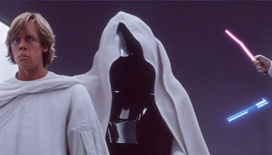 Image similar to screenshot of Luke Skywalker facing off against an incredibly haunting female sith lord in white, from the 1970s star wars film directed by Stanley Kubrick, on a sith planet of purple magic maelstrom, moody cinematography, hyper-detailed, sharp, anamorphic lenses, kodak color stock, 4k, stunning