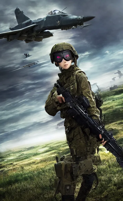 Prompt: girl, trading card front, future soldier clothing, future combat gear, realistic anatomy, war photo, professional, by ufotable anime studio, green screen, volumetric lights, stunning, military camp in the background, metal hard surfaces, real face, combat goggles, strafing attack plane