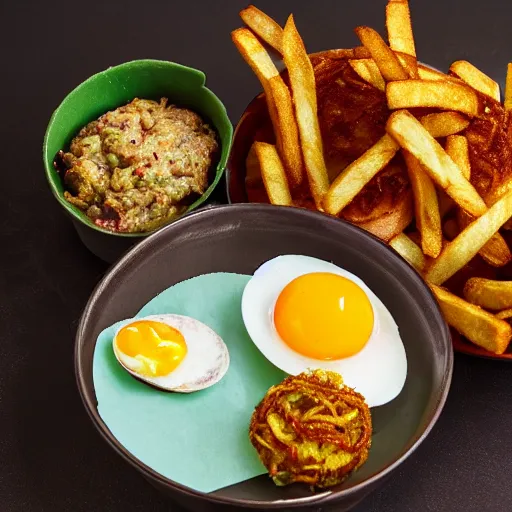 Image similar to a hamburger with guacamole topping and crispy fried onion topping and fried egg topping next to a bowl of french fries, crispy buns, 8 k resolution, studio lighting, sharp focus, hyper - detailed