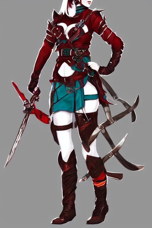 Image similar to female adventurer in tight full - body teal leather armor of japanese design with red accents and a white porcelain crow mask, trending in artstation, japanese, artstation, establishing shot