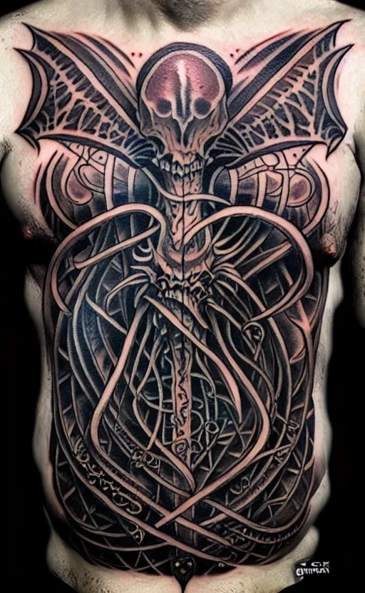 Prompt: chest tattoo cthulhu by greg rutkowski, by giger, by maxim verehin