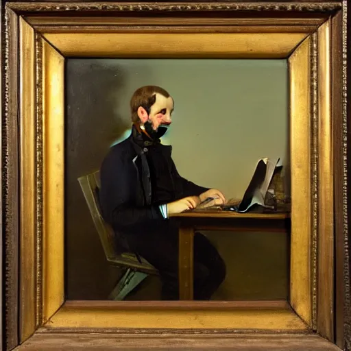 Image similar to a 19th century oil painting of a man having trouble working with his laptop