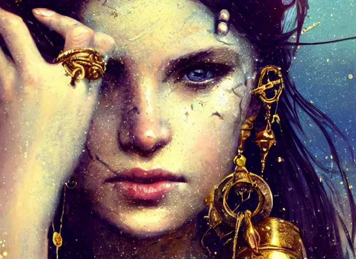 Image similar to close up picture of a pirate girl, hard breathing, messy hair, reaching a hands to the camera, jewels and gold on the background, coveted, beautiful and aesthetic and attractive and detailed face, specular reflection, occlusion shadow, intricate, bokeh, masterpiece, by ilya kuvshinov and jeremy lipking and quentin mabille