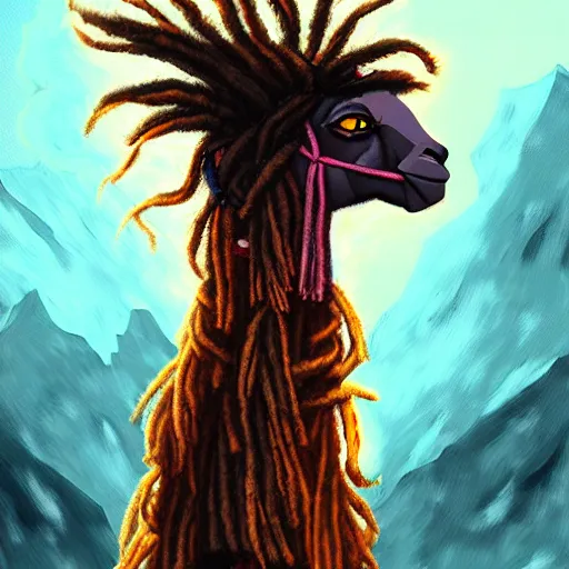 Prompt: llama with dreadlocks, heroic pose, by Noah Bradley