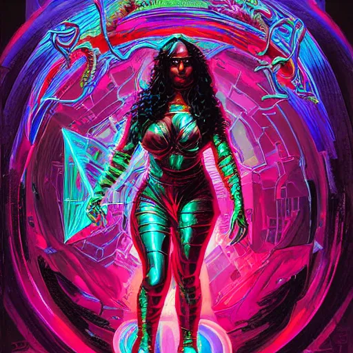 Image similar to fantastic detailed 3 d painting of tia carrere as a cyber sorceress, color scheme, by moebius by vanessa lemen by paul lehr by dan mumford