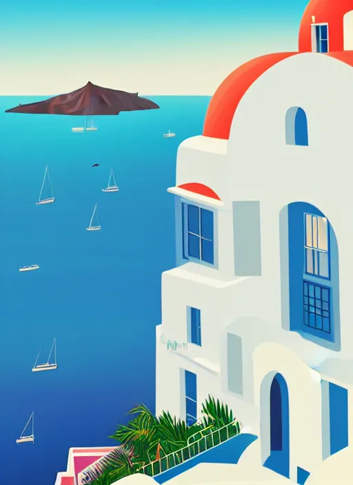 Prompt: a travel poster illustration depicting a house in santorini with an ocean view, white architecture, digital painting, vector art, trending on artstration, by anton fadeev, by alena aenami