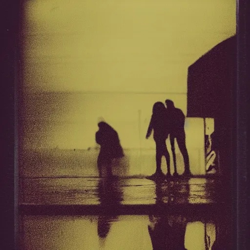 Image similar to polaroid of a night, silhouettes, threes, rain, reflection, double exposure, high contrast