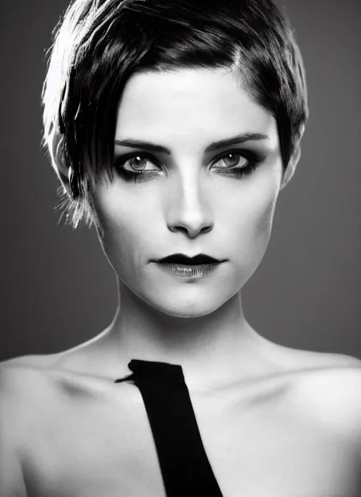 Prompt: Portrait of Alice Cullen, pale skin, short black pixie cut hair, symmetrical face, black dress, dramatic lighting, twilight, sharp focus, smooth, Ashley Greene