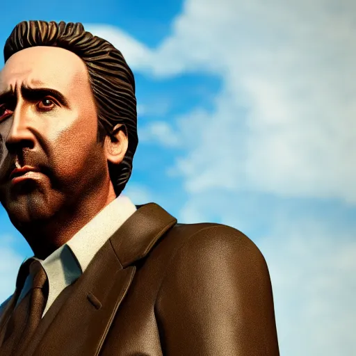 Image similar to Nicolas Cage mossy statue, bottom of the ocean, fish, 4k, detailed, photorealistic, photo, unreal engine 5