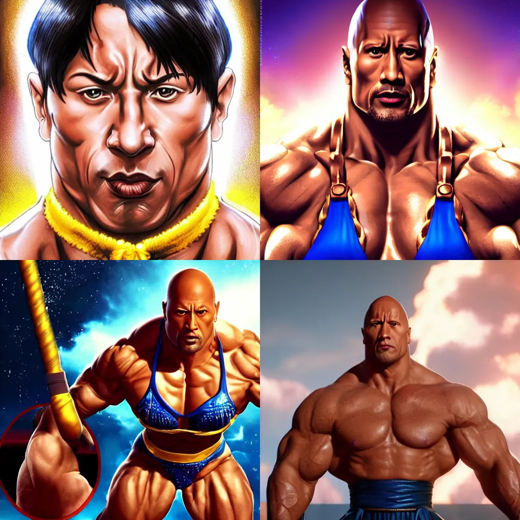 Image similar to dwayne johnson in tight woman chun li outfit with dwayne johnson face and dwayne johnson body, visible head and eyes, dwayne johnson dressing like chun li in street fighter, dwayne johnson wearing chun li's bikini, intricate, epic lighting, cinematic composition, hyper realistic, 8k resolution, unreal engine 5, by Artgerm, tooth wu, dan mumford, beeple, wlop, rossdraws, James Jean, Andrei Riabovitchev, Marc Simonetti, yoshitaka Amano, Artstation