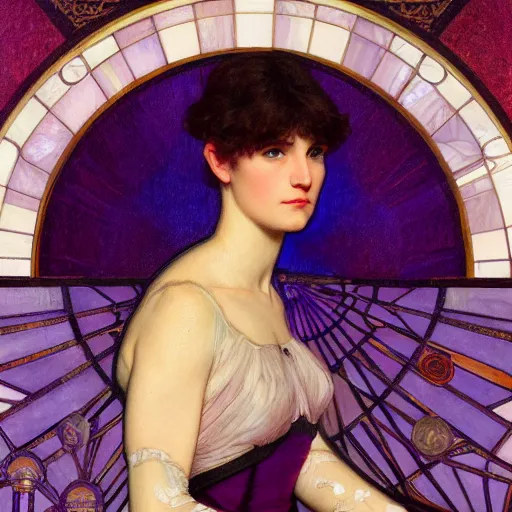 Prompt: purple, character portrait of purple energy, by waterhouse, by mucha, lean face, symmetrical face, face symmetry, cinematic lighting, beautiful, elegant, oil painting, cinematic, portrait, raphaelite, trending on artstation, intricate background