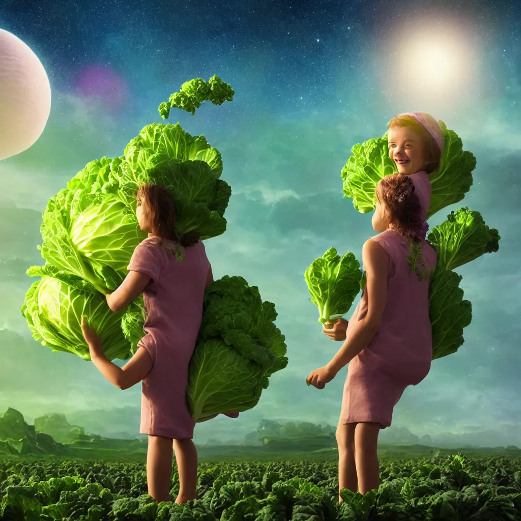 Image similar to happy child carrying a cabbage on her head, cosmic sci fi landscape with farm and vegetables growing, semi realistic comic, octane render, artist Dr Zeus harmonious integration+8k