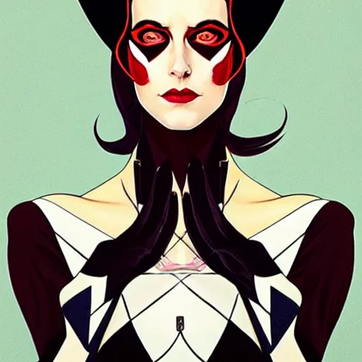 Image similar to Joshua Middleton comic art, wide shot, stunning elegant female Eva Green, kabuki mask, beautiful evil sneer, symmetrical face, symmetrical eyes, leather clothing and boots, long straight red hair, full body, Indigo occult pattern