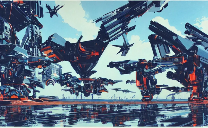 Image similar to way too many giant robot birds, art by syd mead, extremely detailed, high quality,