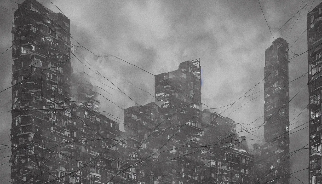 Image similar to looking in the windows of a small tower block from outside on the street and observing the private lives of the human inhabitants, detailed photograph , nighttime piles of wires an cable litter the landscape , volumetric lighting shines through the smoke filled sky upscale