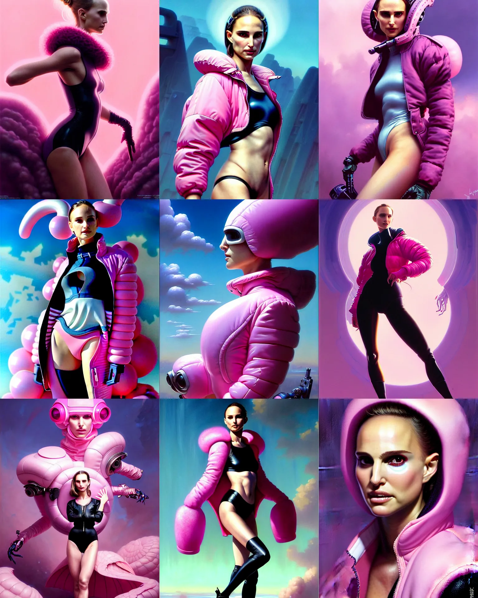 Prompt: beautiful fantasy character portrait, natalie portman, wearing oversized puffy pink bomber jacket and black leotard, ultra realistic, wide angle, seductive pose, cyberpunk artifacts, highly detailed by peter mohrbacher, hajime sorayama, wayne barlowe, boris vallejo, aaron horkey, gaston bussiere, craig mullins