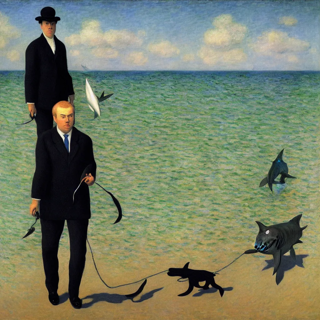 Image similar to portrait of a business man walking his pet shark, by rene magritte, monet, and turner