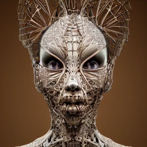 Image similar to beatifull frontal face portrait of a woman, biomechanical sculpture, mandelbrot fractal, intricate, elegant, highly detailed, ornate, elegant , luxury, beautifully lit, ray trace, octane render in the style of Gerald Brom and James gurney